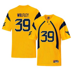 Mens West Virginia University #39 Maverick Wolfley Yellow Retro Official Jersey 913565-369
