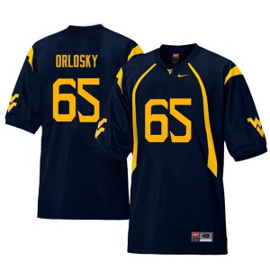 Mens West Virginia Mountaineers #65 Tyler Orlosky Navy Retro Embroidery Jersey 647009-297