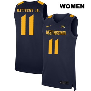 Womens West Virginia Mountaineers #11 Emmitt Matthews Jr. Navy NCAA Jerseys 957233-925