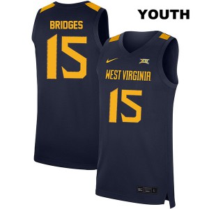 Youth West Virginia Mountaineers #15 Jalen Bridges Navy Stitch Jersey 877788-451